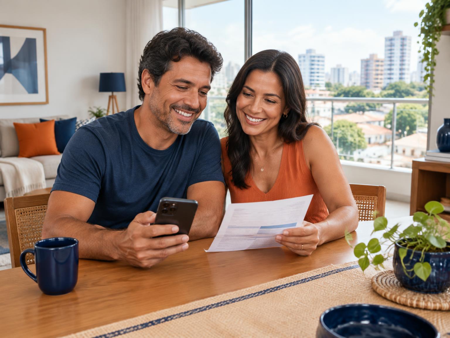 Casal conferindo a economia na conta de luz em casa